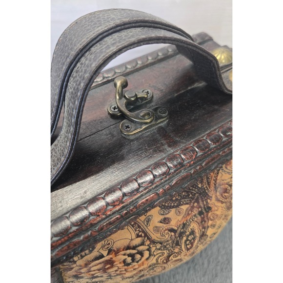 Vintage Style Wooden Box Bag Floral Paisley Print Hardware Top Handle Purse - Picture 4 of 5